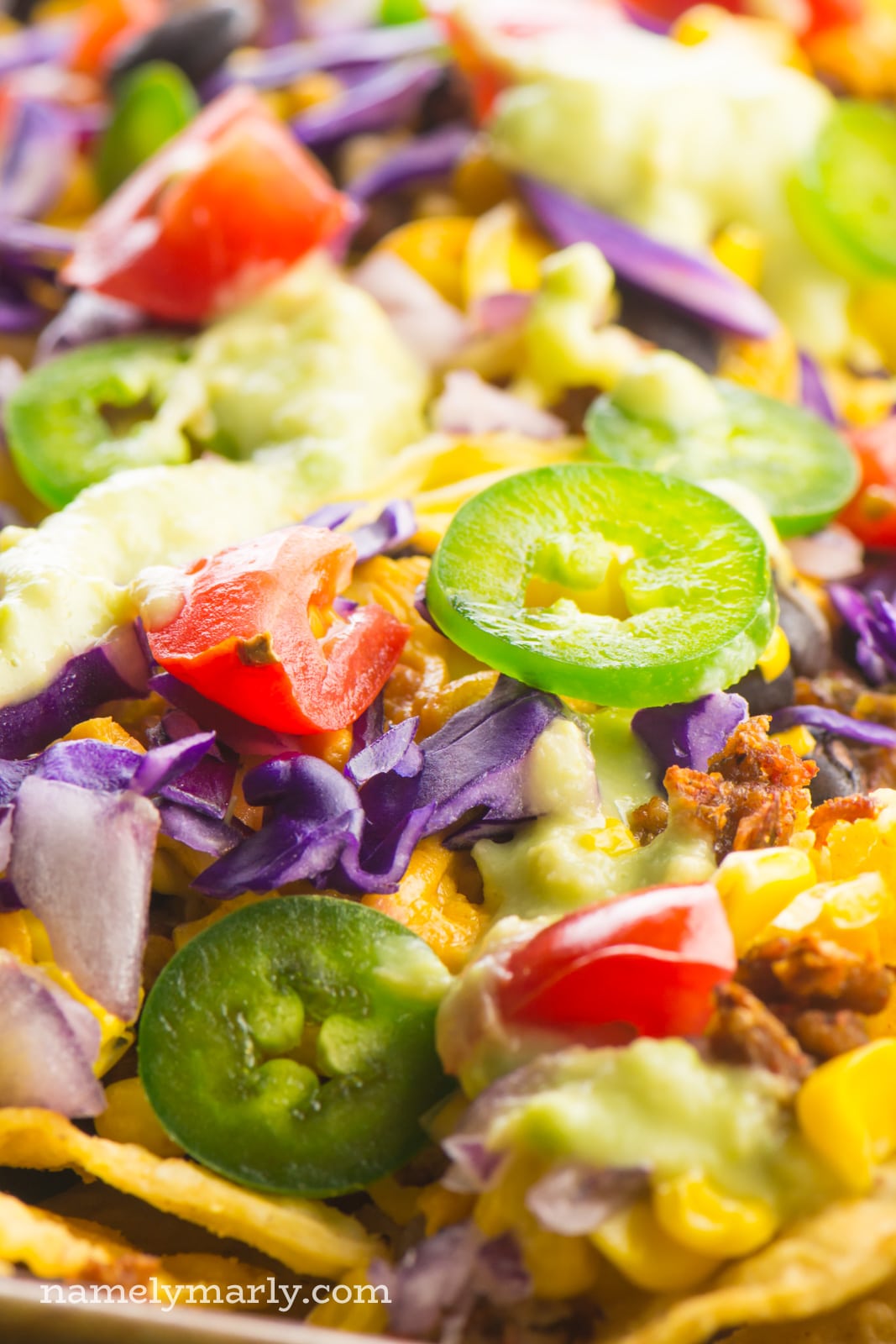 A close-up shot of a tray of baked vegan nachos shows purple cabbage, red tomatoes, and green jalapeño slices.