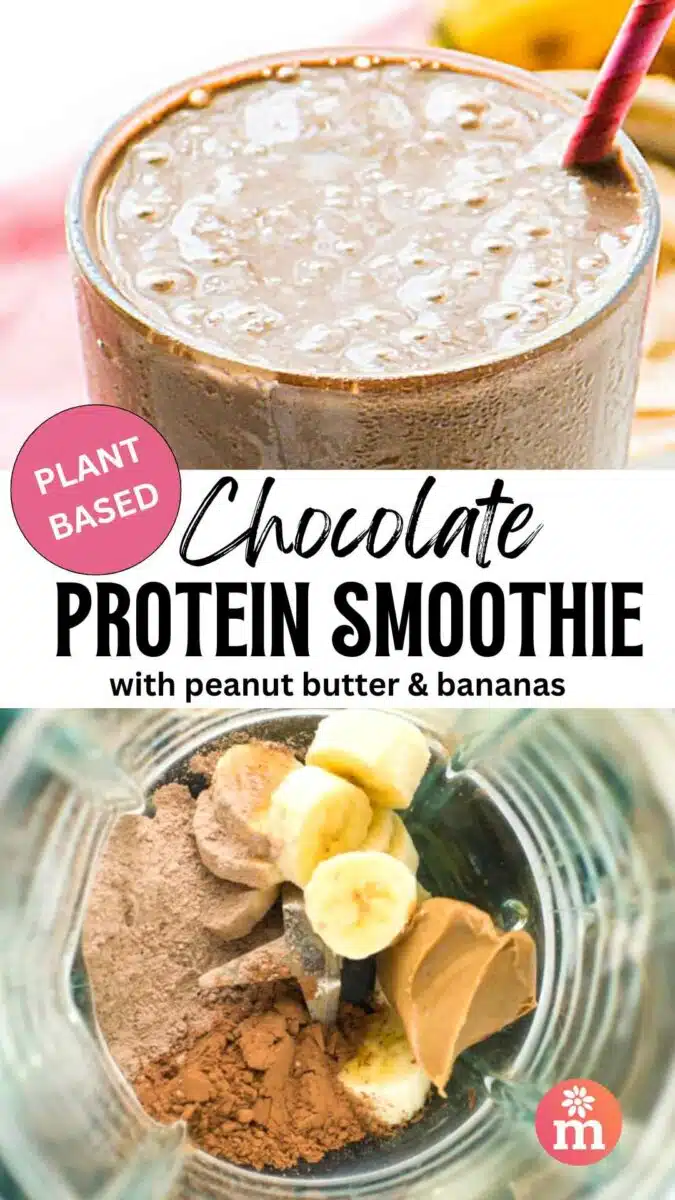 A closeup of a chocolate smoothie and looking down in a blender jar with ingredients like bananas. The text reads, Chocolate Protein Smoothie with peanut butter & bananas.