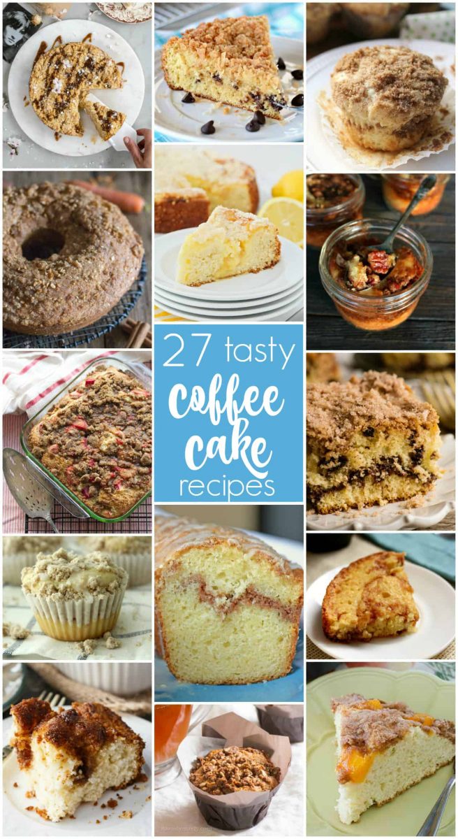 A collage of several photos shows many different coffee cake recipes. The text reads: 27 Coffee Cake Recipes.