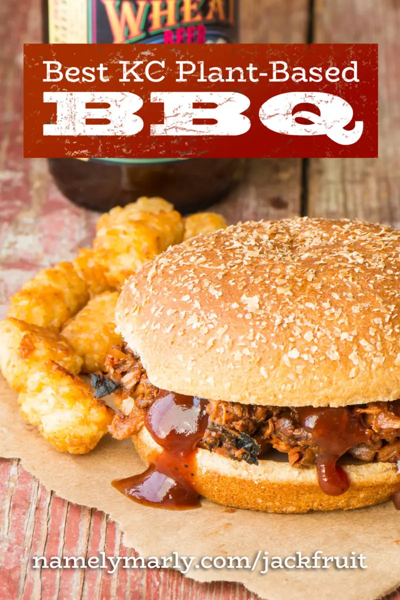 A photo of a BBQ sandwich with this text: KC's Best Plant-Based BBQ
