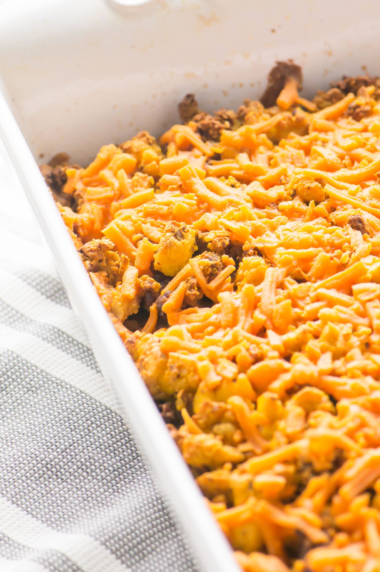 Looking down on the the vegan breakfast casserole in the dish.