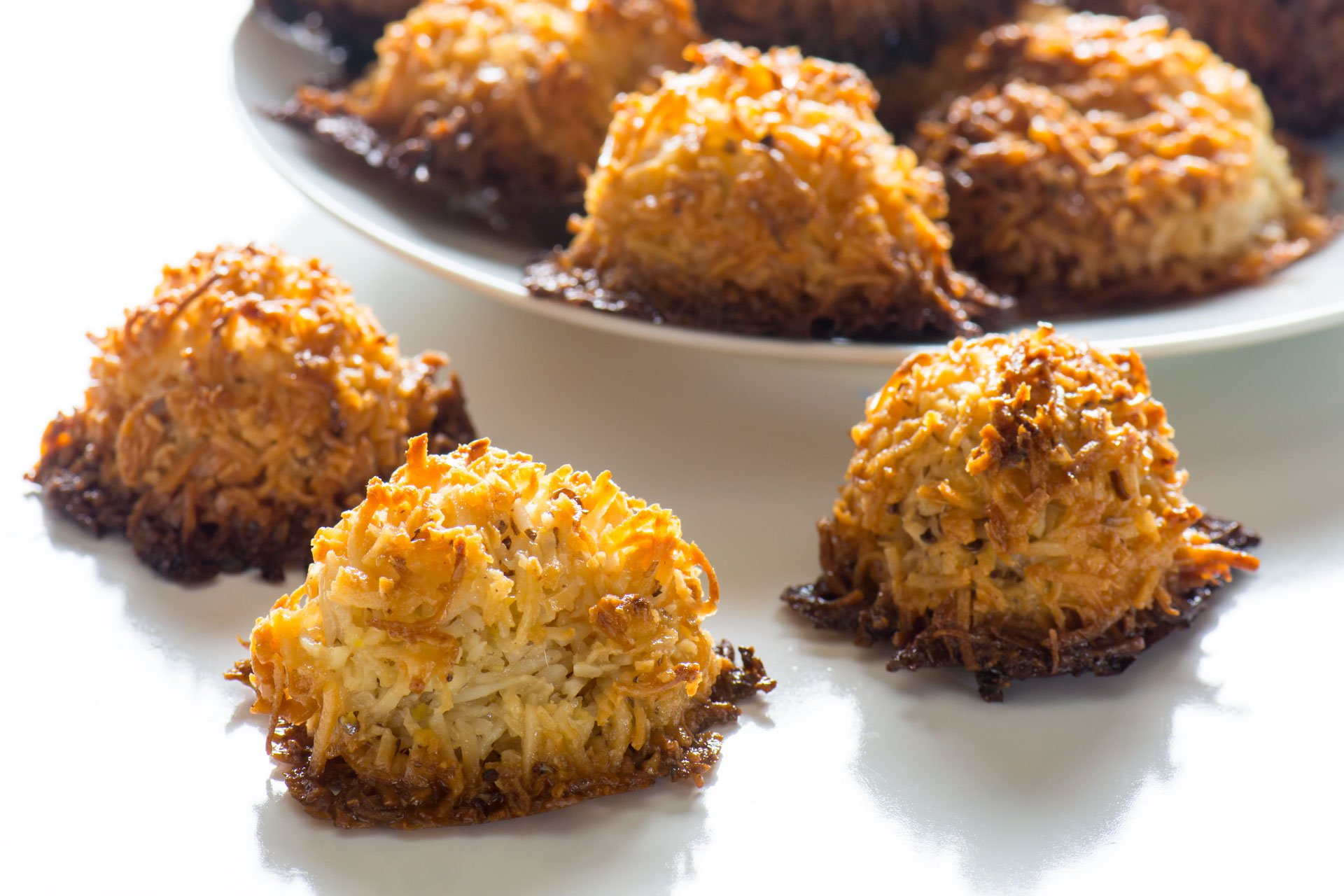 A closeup of coconut macaroon cookies.