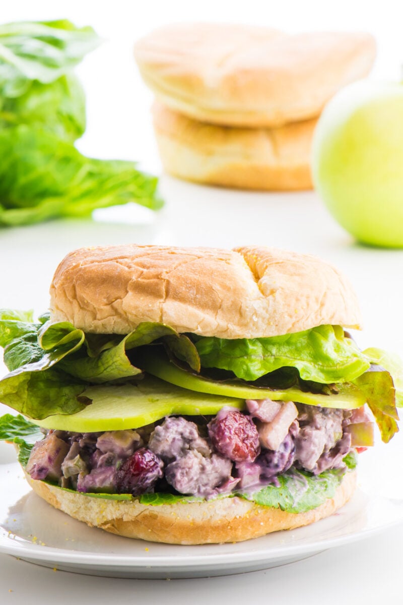 A vegan chicken salad sandwich sits in the foreground with ingredients behind it.