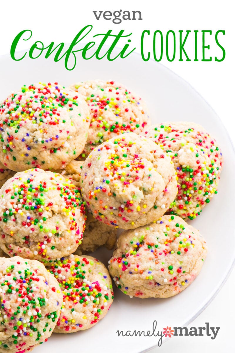 Vegan Confetti Cookies with an image of a plate full of sprinkle-covered shortbread cookies