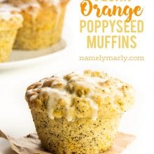A photos of an icing covered muffin in the foreground and more muffins behind it. This text appears: Vegan Orange Poppyseed Muffins.