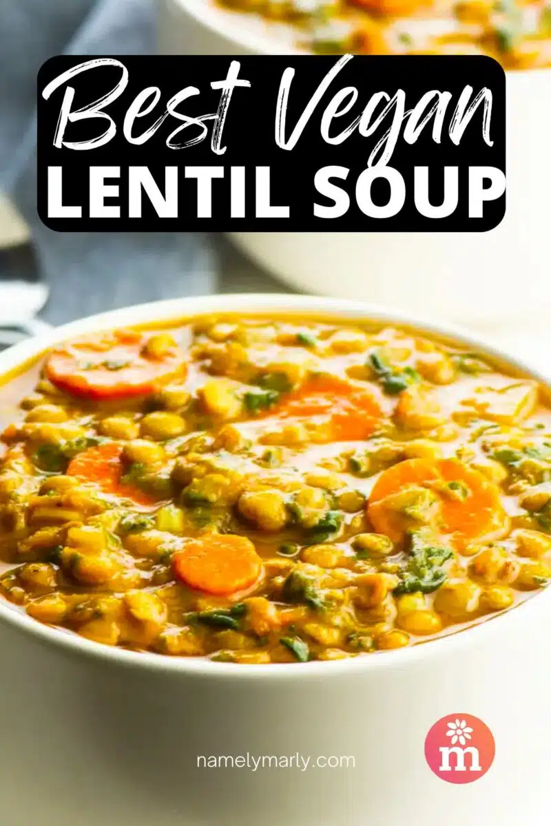 A bowl of hearty soup has this text above it, Best Vegan Lentil soup.