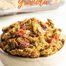 A bowl of granola with text above it that reads, High Protein Granola.