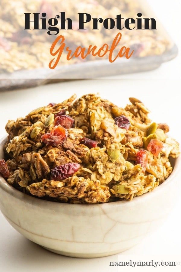 A bowl of granola with text above it that reads, High Protein Granola.