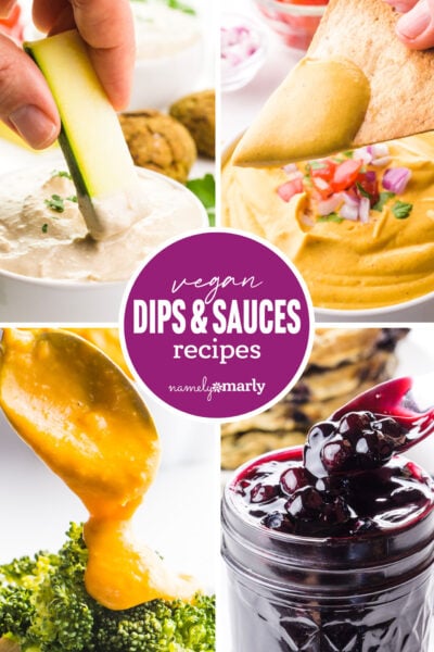 Vegan dips and sauces collage featuring hummus, cheese sauce, and fruit preserves with zucchini and tortilla for dipping.