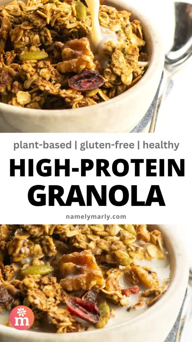 graphic showing pictures of protein granola and text reading plant-based, gluten-free, healthy high-protein granola, namelymarly.com