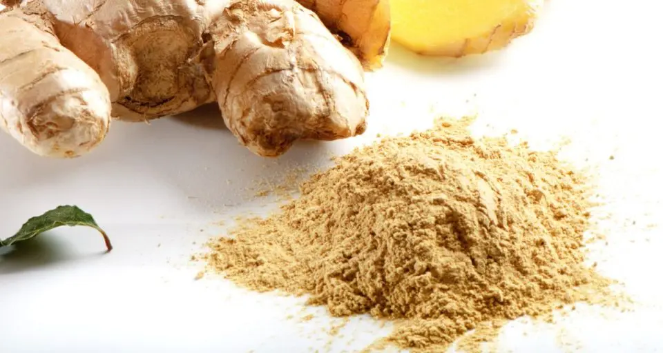 A mound of ground ginger sits in front of whole and cut fresh ginger.