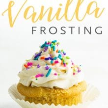 A cupcake topped with vanilla frosting and sprinkles has these words above it: Best Vegan Vanilla Frosting.