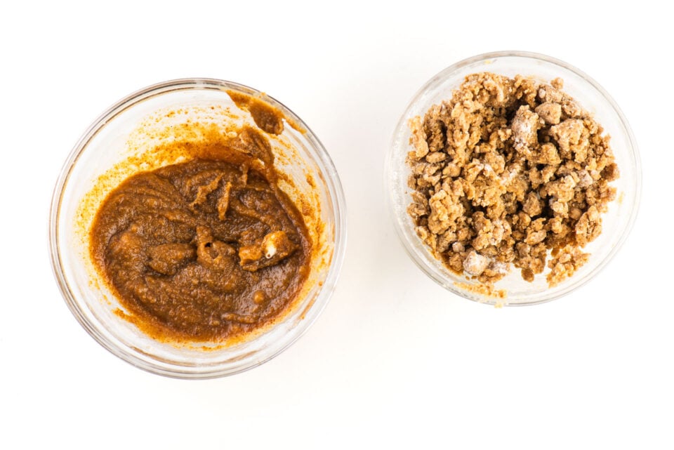 Two bowls of streusel topping, one with melted butter showing how it doesn't work to make a good streusel.