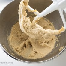 Looking at a beater full of creamy vegan butter and sugar whipped together in a stand mixer.