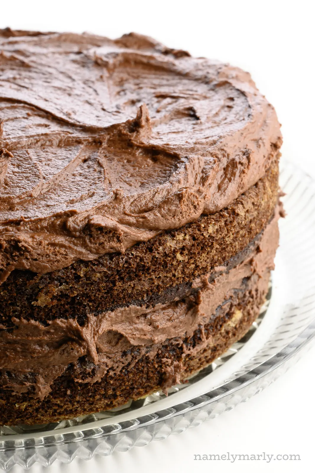 A chocolate cake has frosting on the top and between the two layers, but no frosting on the sides.