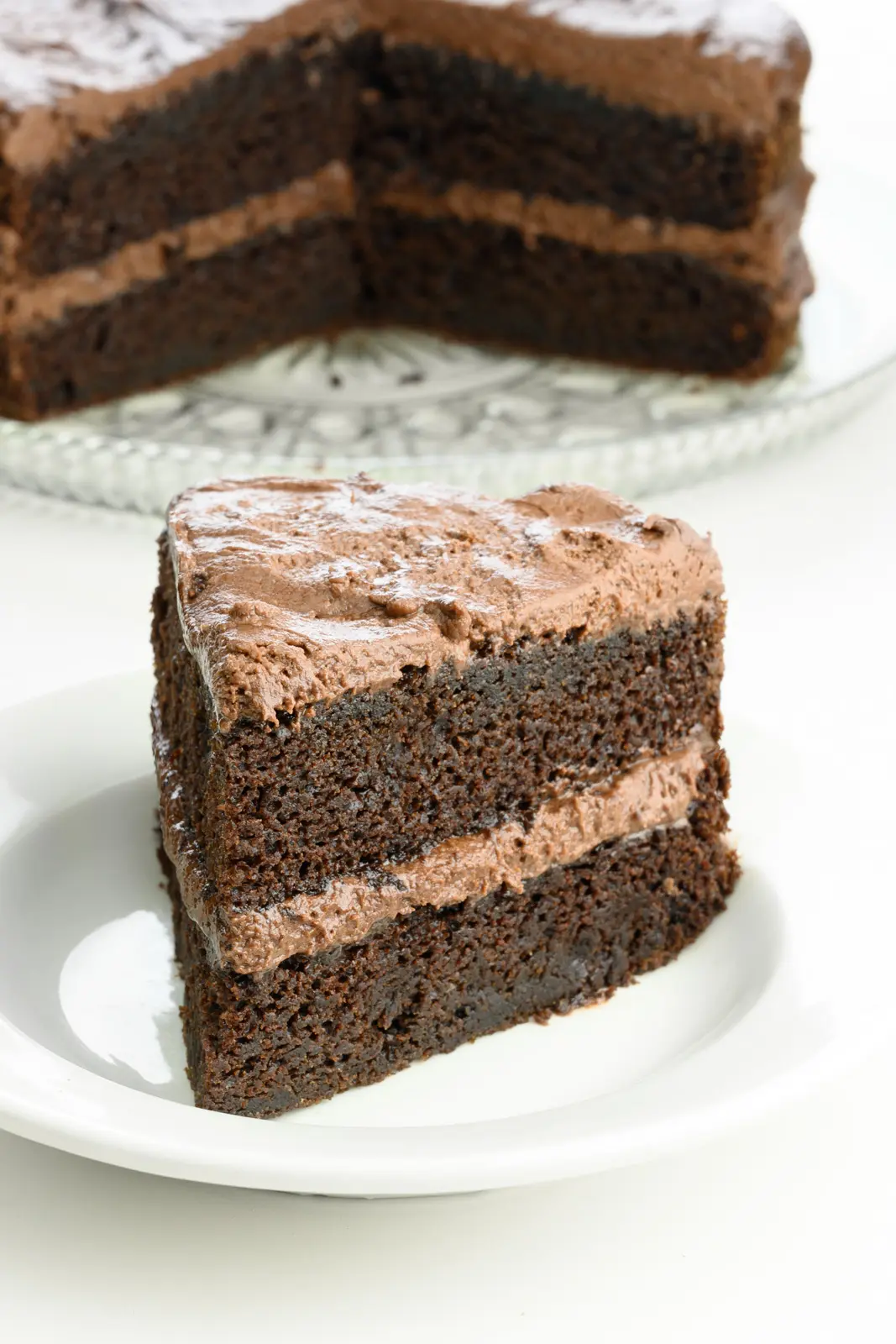 A thick slice of chocolate layer cake on a plate in front of the rest of the cake.