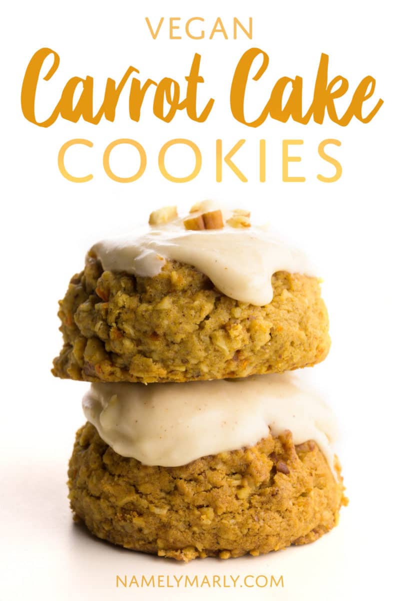 Two frosted cookies are stacked with this text above it: Carrot Cake Cookies