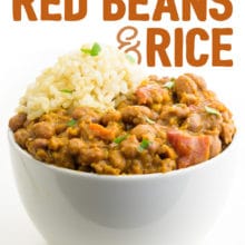 A bowl of beans with rice on the top. The text above it reads: Best Vegan Red Beans and Rice.