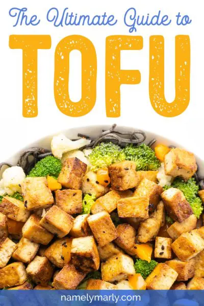 An image of grilled tofu in a bowl with the text 