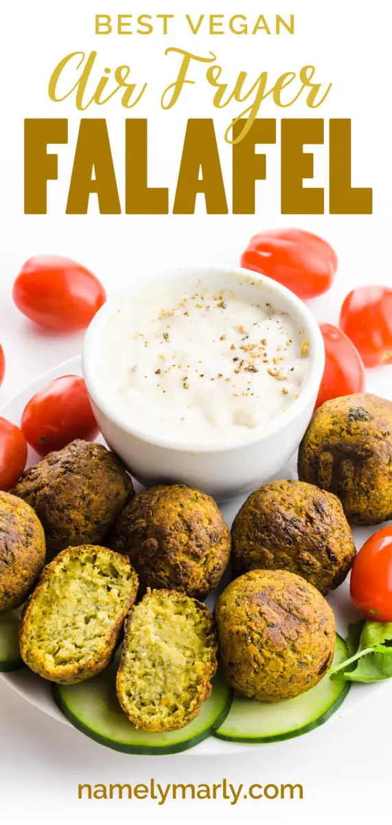 Several falafel sit next to a bowl of sauce with cherry tomatoes around it. The text reads: Best Air Fryer Falafel.