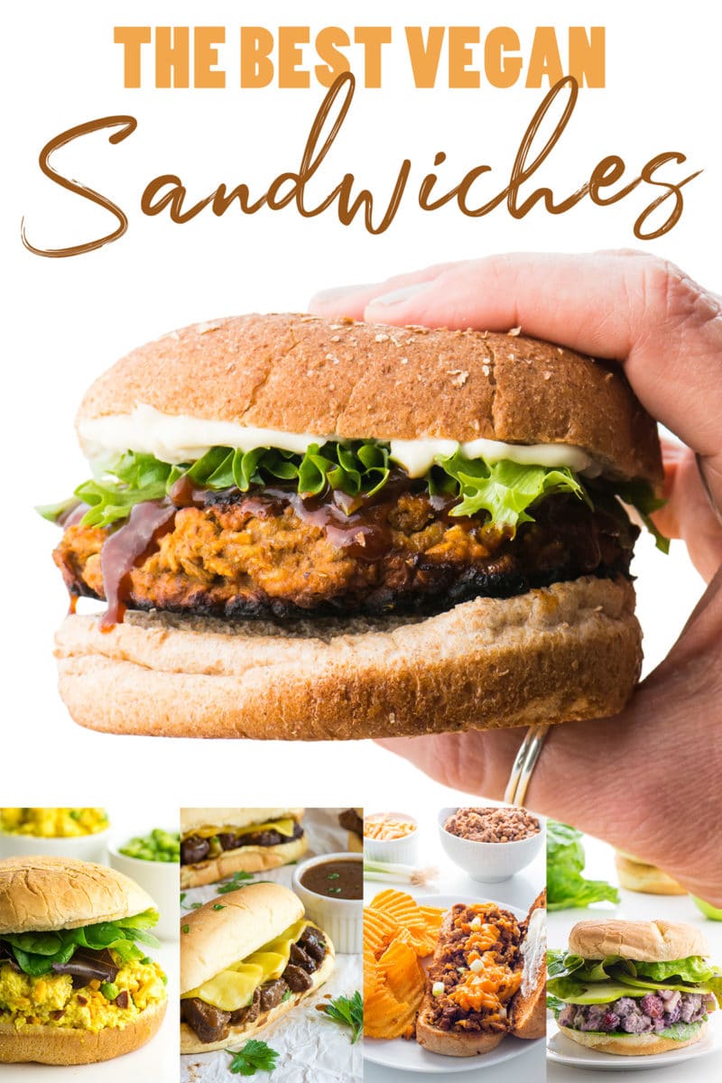 A hand holds a veggie burger with the text, "Best Vegan Sandwiches" above it. A collage of more sandwich photos is below it.