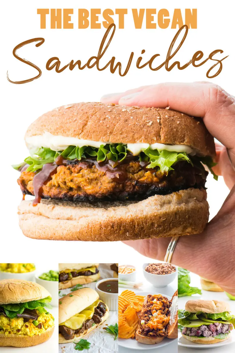 A hand holds a veggie burger with the text, "Best Vegan Sandwiches" above it. A collage of more sandwich photos is below it.