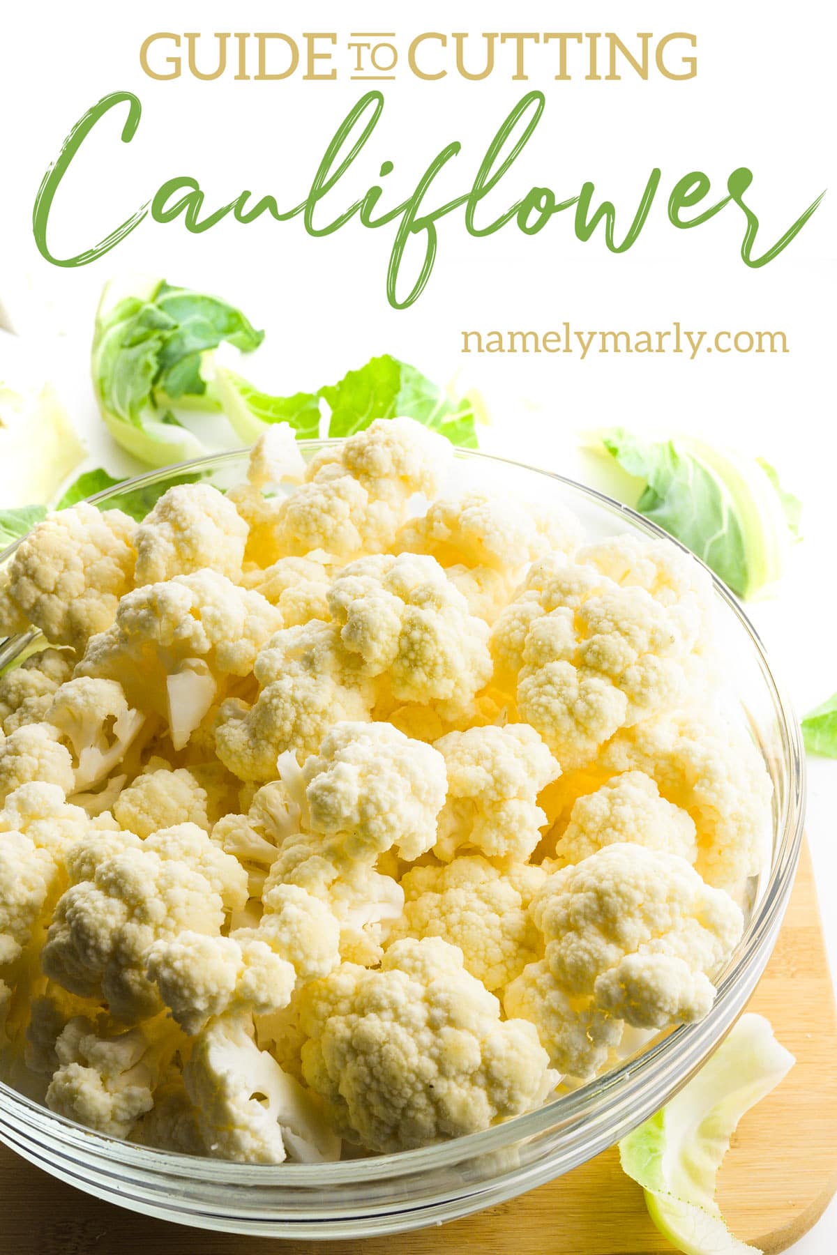 A photo of cauliflower florets in a bowl with this text above it: How to Cut Cauliflower.