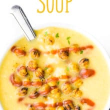 A bowl of soup with the text above it reading, Best Vegan Cauliflower Soup.