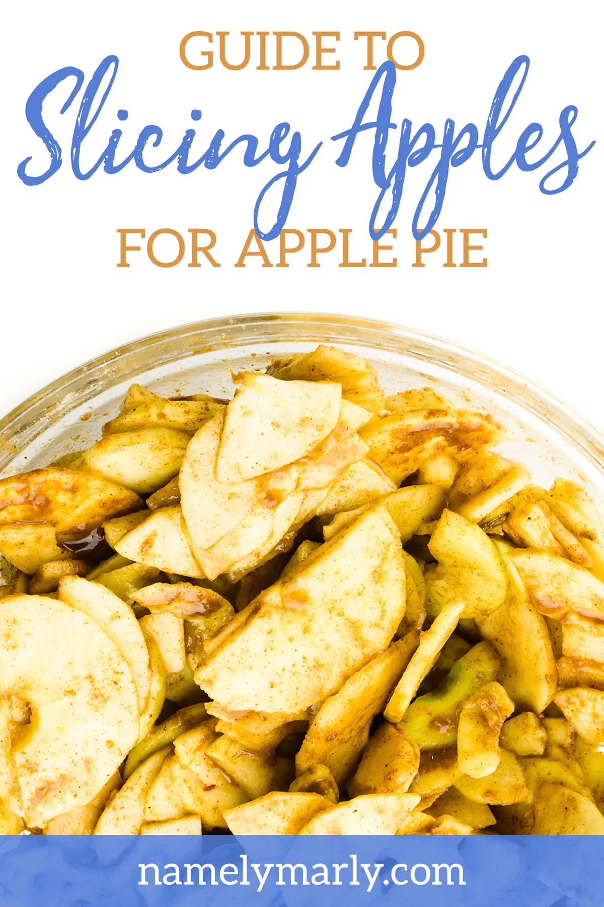 A photo shows sliced apples with cinnamon on top in a bowl. The text above it reads: Guide to Slicing Apples for Apple Pie.