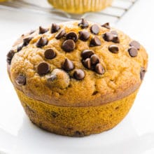 A muffin sits on a white counter. It has lots of chocolate chips on top.