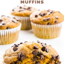 A muffin is cut in half showing chocolate chips inside and on top. The text above reads, "Best Vegan Pumpkin Chocolate Chip Muffins.