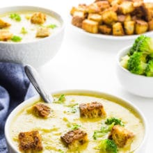 A bowl of broccoli soup with more broccoli and croutons behind it. The text above it reads, Best Vegan Broccoli Soup.