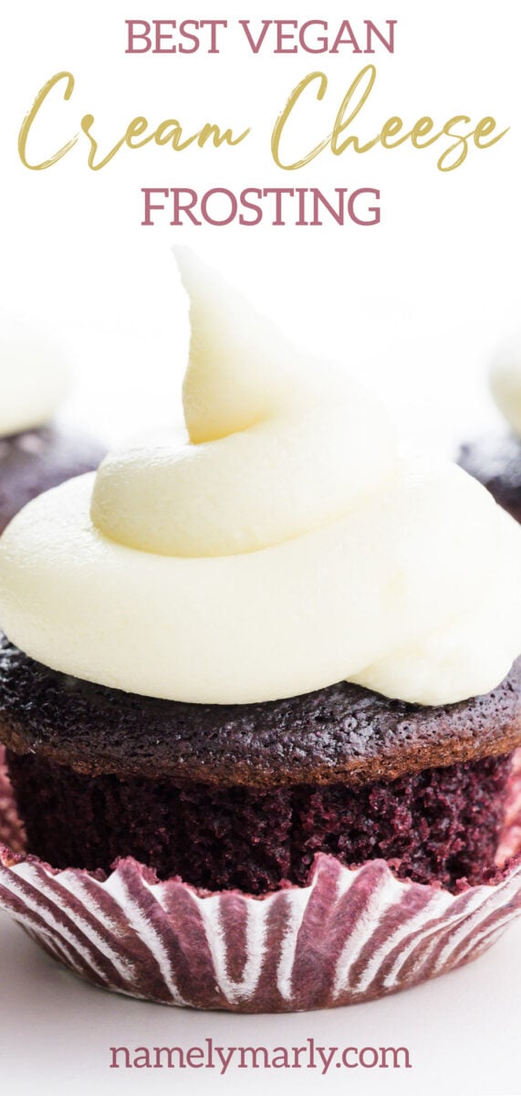 A red velvet cupcake has lots of icing on top. The text above it reads: Best Vegan Cream Cheese Frosting.
