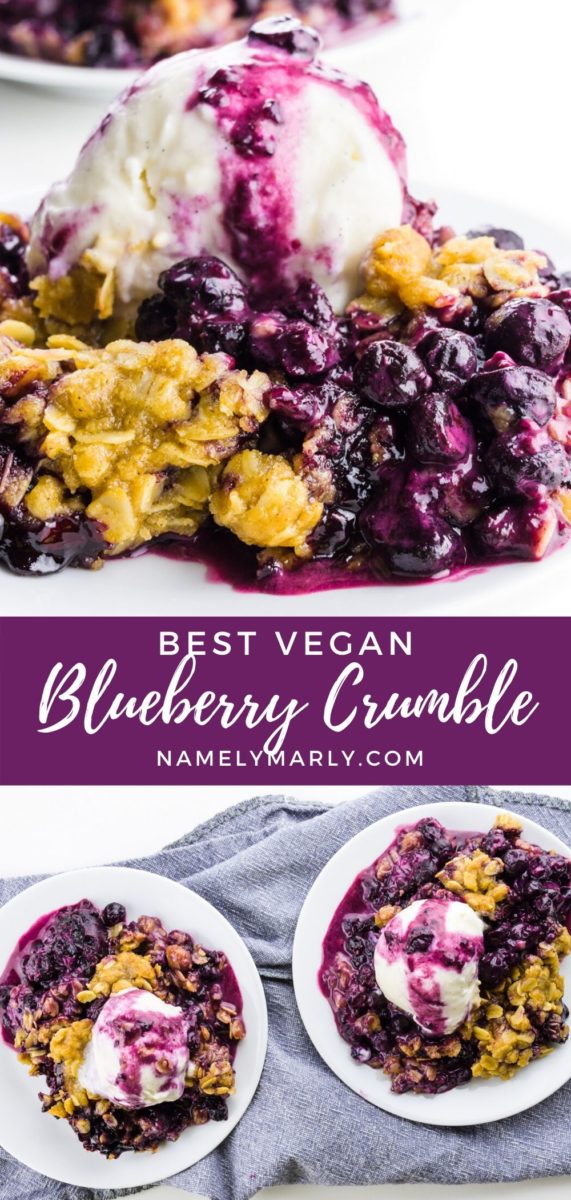 A collage of two images with text in between reading: Vegan Blueberry Crumble.