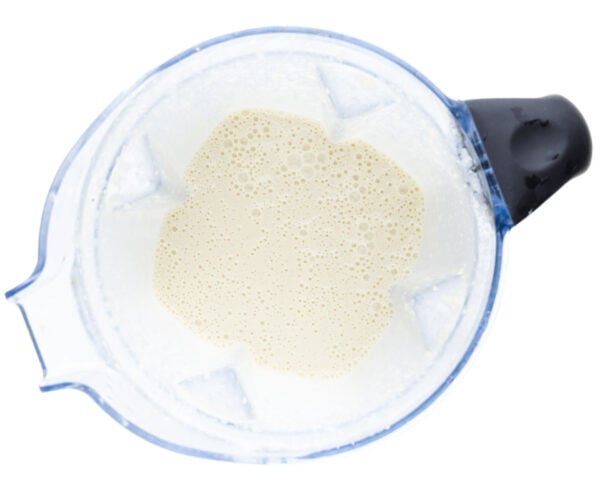 A blender jar has vegan freshly whipped alfredo sauce in it.