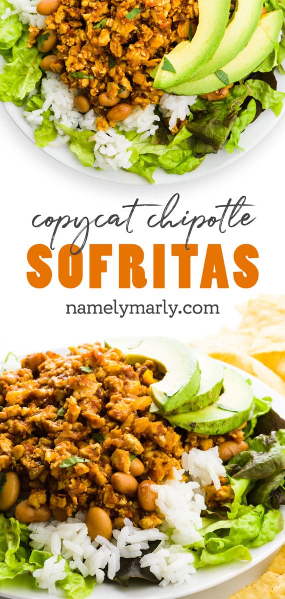 A collage of two photos shows braised tofu on a salad with beans. The text reads, "Copycat Chipotle Sofritas."