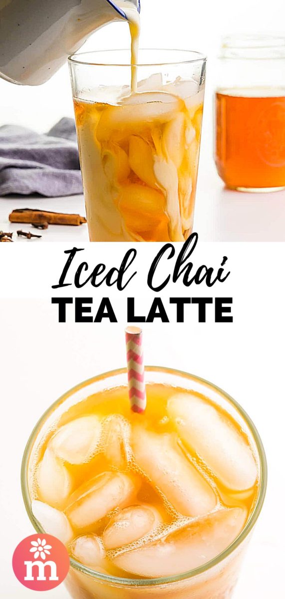 A collage of two images shows milk being poured into a glass with chai tea and ice. There is a glass with more chai concentrate and spices in the background. The bottom image looks down on a glass of iced tea with a pink straw. The text between the images reads, Iced Chai Tea Latte.