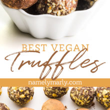 A collage of two images shows truffles with different toppings. The text in the middle says Vegan Truffles.