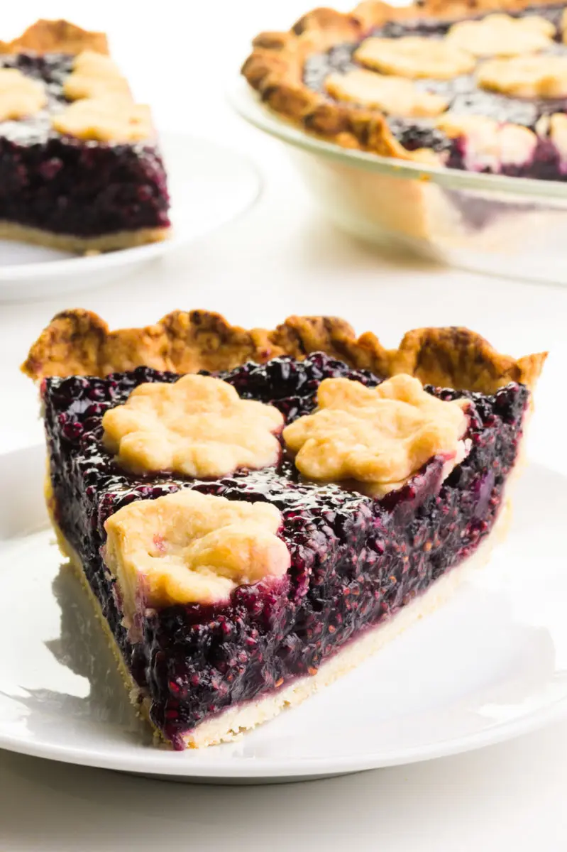 A slice of elderberry pie sits on a plate. There's another slice behind it and the rest of the pie too.