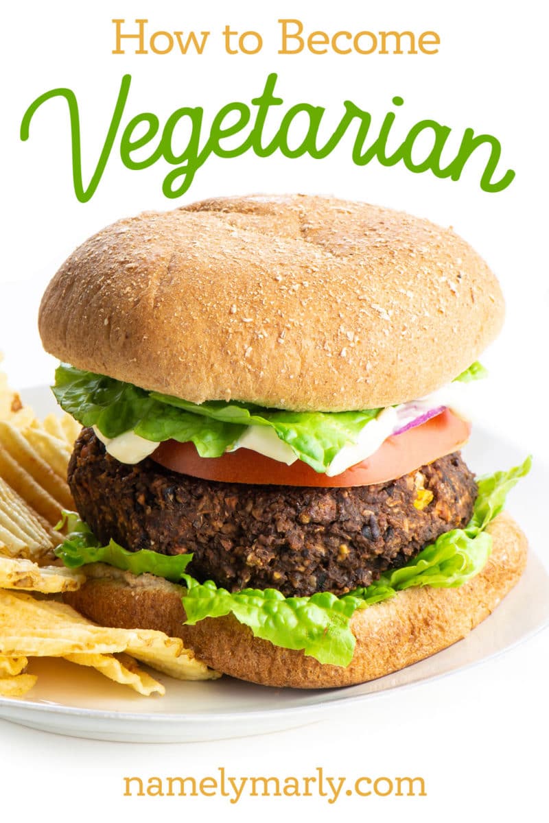 A veggie burger on a plate next to chips with this text above it: How to become a vegetarian.