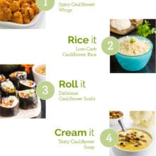 A series of images shows cauliflower recipes. The text reads 5 Ways to Make Cauliflower.