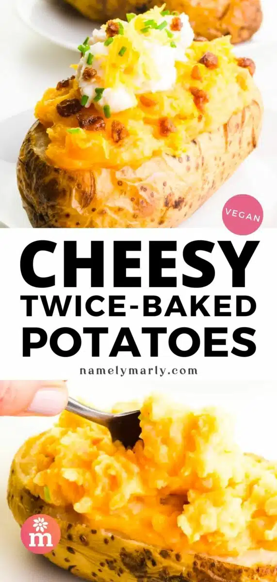 A baked potato with sour cream is on top. Below a spoon hovers over a baked potato, adding a cheesy ingredient. The text reads, Cheesy Twice-Baked Potatoes.