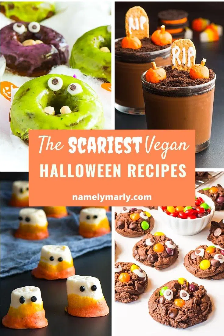 A collage of four photos shows different halloween recipes, such as cookies and donuts. The text in the middle reads, The Scariest Vegan Halloween Recipes.