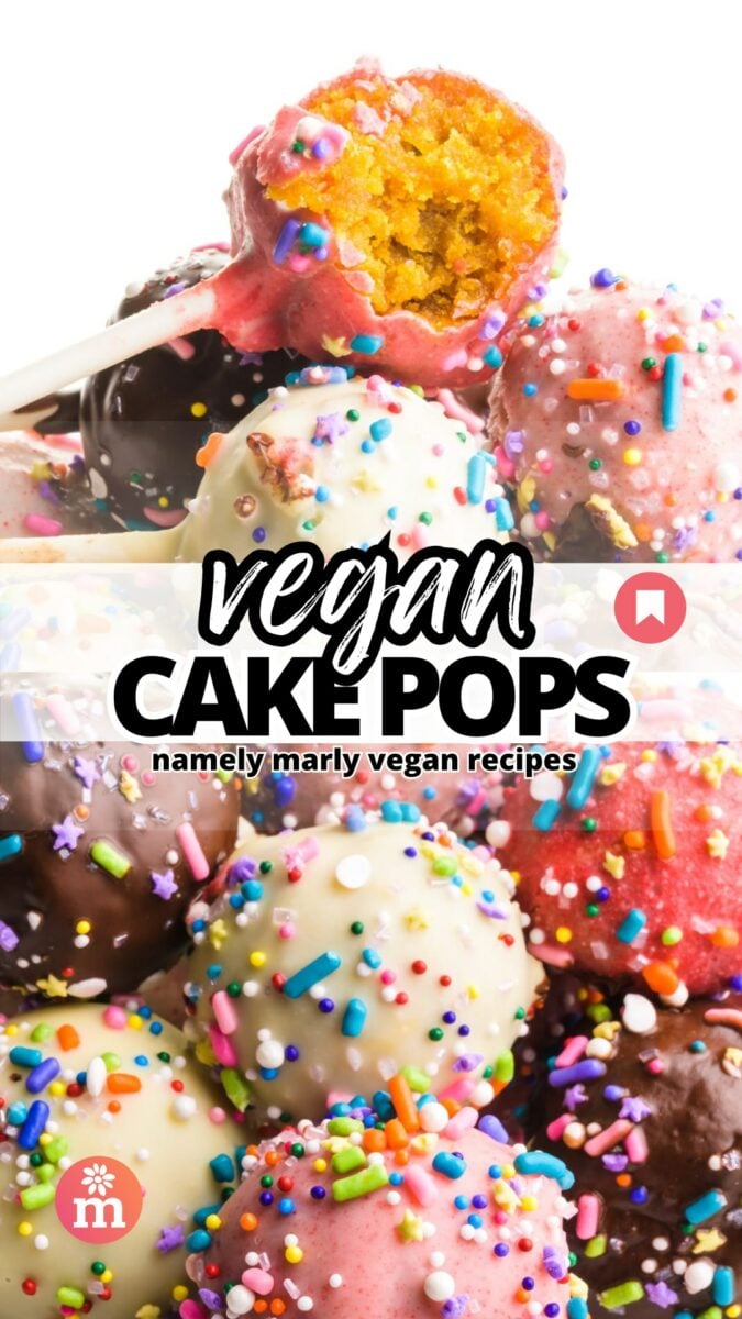 A stack of decorated cake pops shows the top one with a bite taken out. The text reads, Vegan Cake Pops, Namely Marly Vegan Recipes.