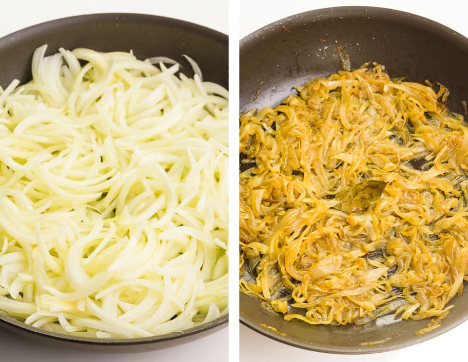 A collage of photos shows sliced onions in a skillet when they're first added to the skillet and after they've been cooked awhile.