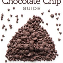 Overhead view of a pile of chocolate chips with text that reads: Dairy-Free Chocolate Chip Guide by namelymarly.com