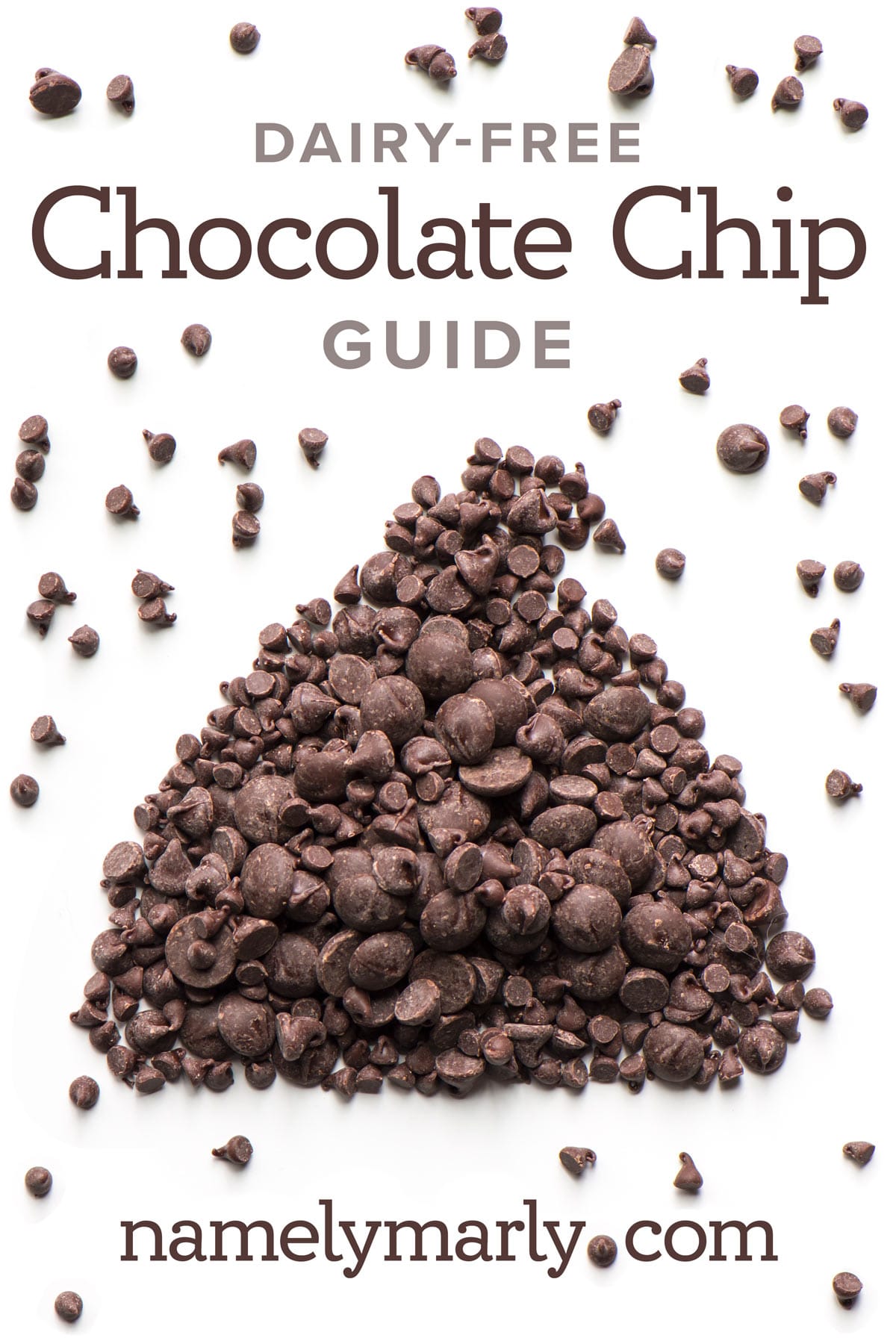 Overhead view of a pile of chocolate chips with text that reads: Dairy-Free Chocolate Chip Guide by namelymarly.com