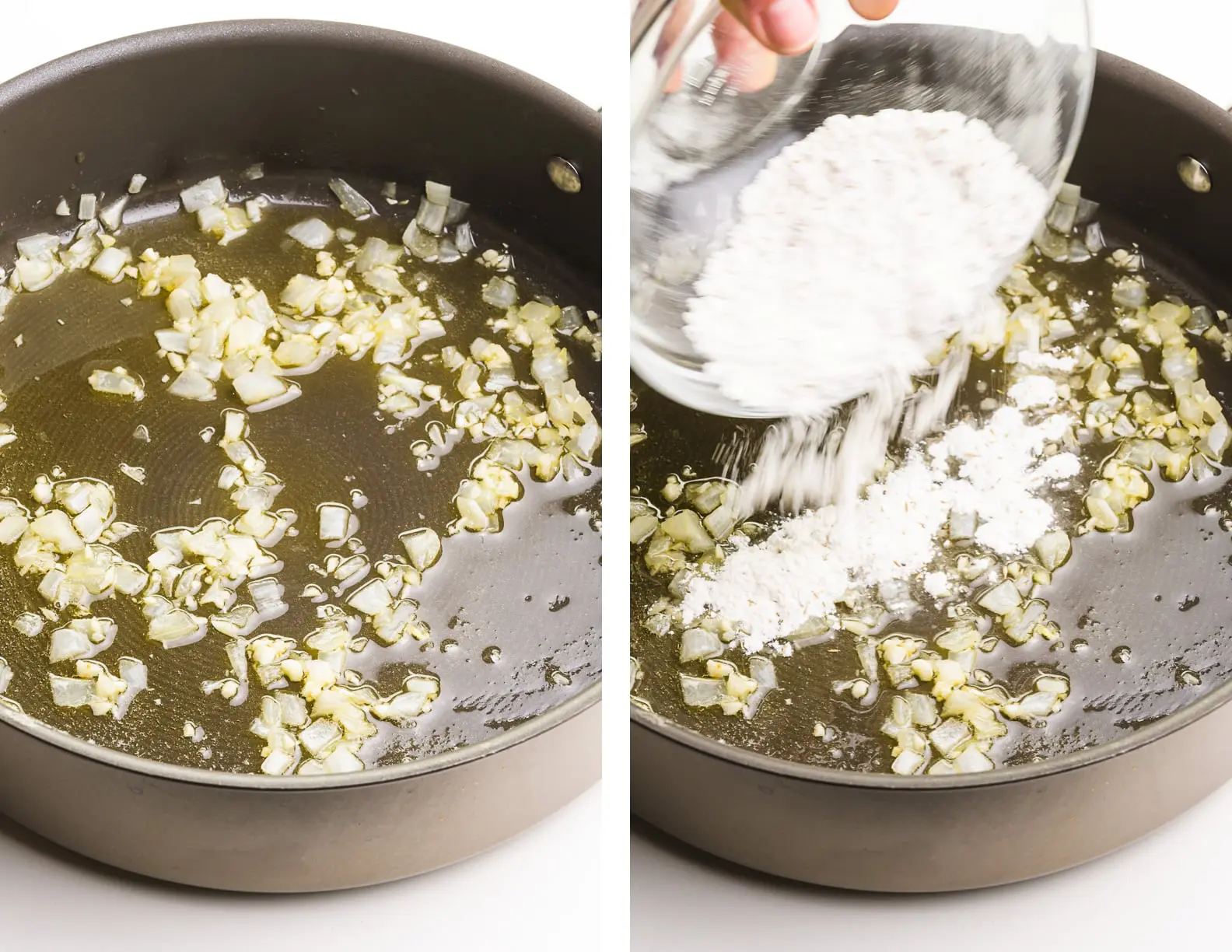 A collage of 2 images shows onions cooking in oil on one side and flour being poured into that mixture on the right.