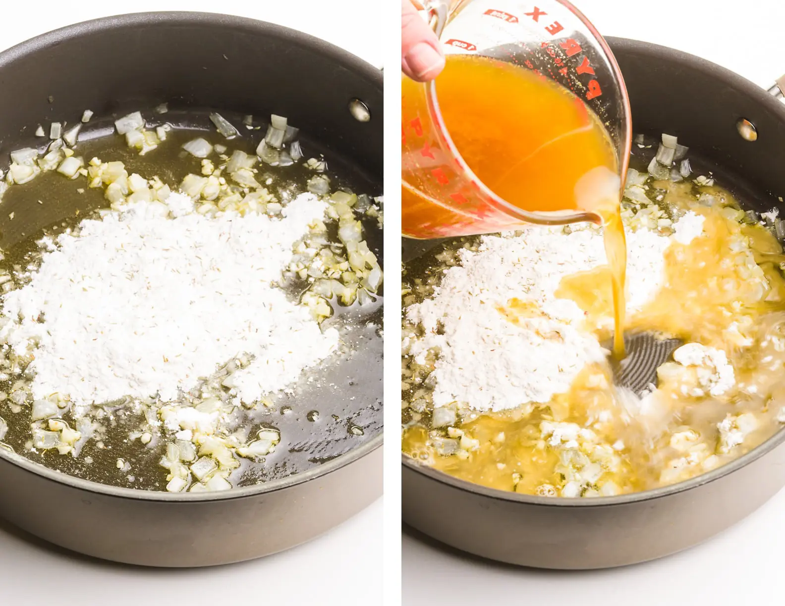 A collage of photos shows flour in a skillet with oil and cooked onions on the left. Broth is being poured into that mixture on the right.
