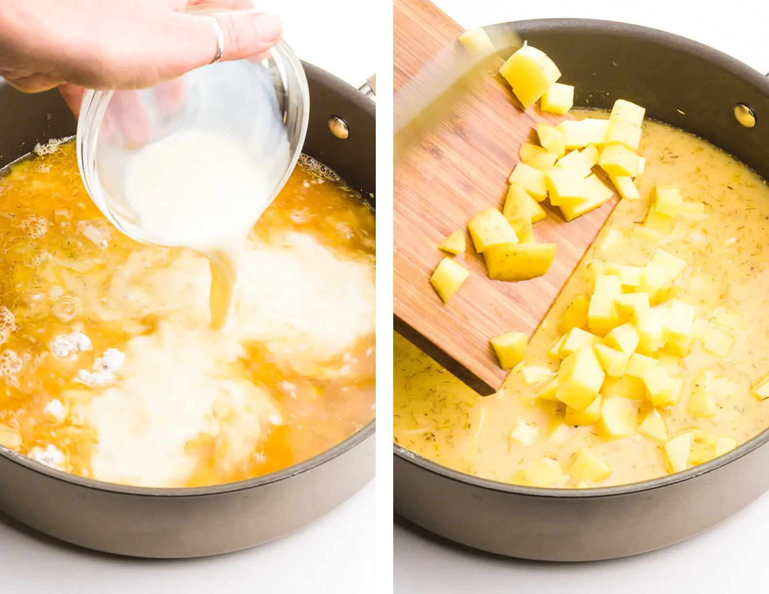 Side-by-side images shows soy milk being poured into a skillet with broth on the left and cubed potatoes being added to that mixture on the right.